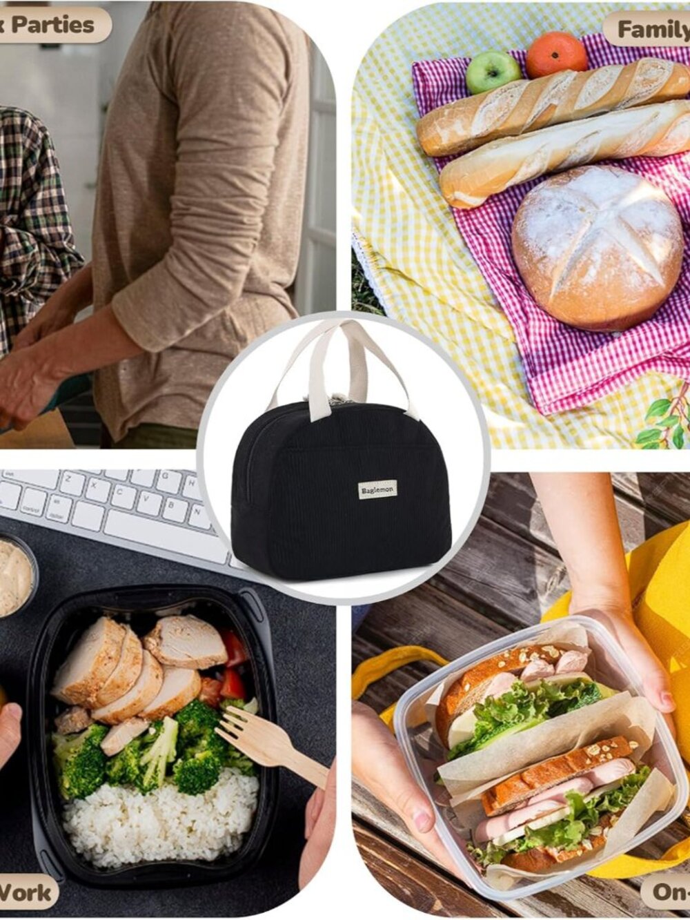 Lunch Bag for Women Men Cute Corduroy Lunch Tote Bags Reusable Insulated Lunch B - Picture 3 of 8